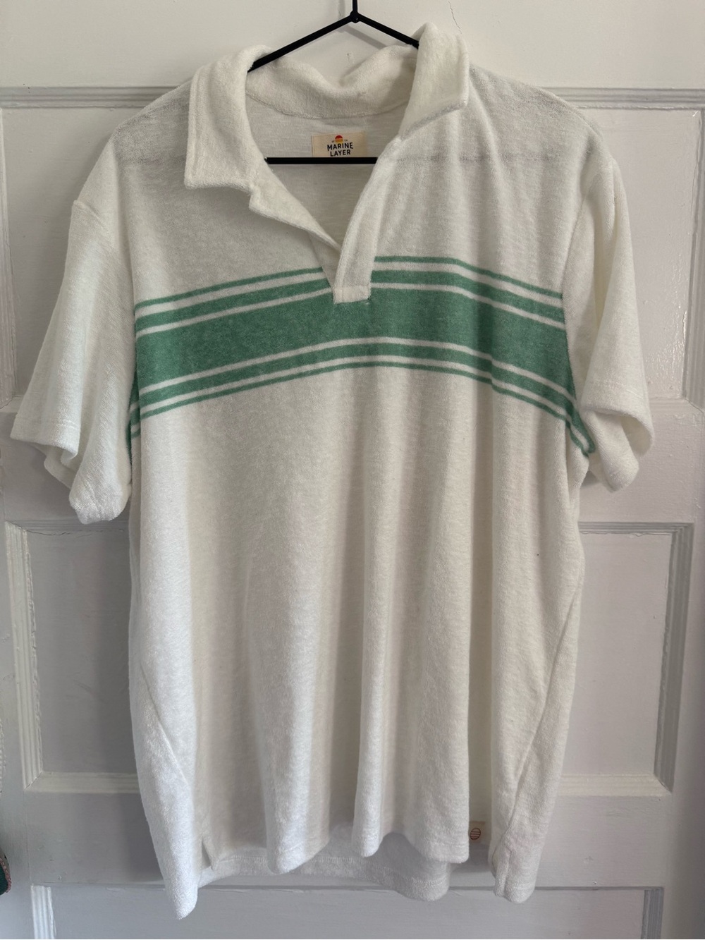Marine Layer White Polo with Mint Green Chest Stripes